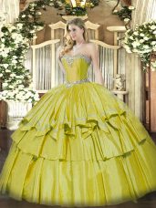 Yellow Sweetheart Neckline Beading and Ruffled Layers Quinceanera Gown Sleeveless Lace Up