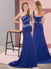 Most Popular Blue Prom and Party with Beading One Shoulder Sleeveless Sweep Train Lace Up