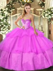 Stylish Lilac Ball Gowns Tulle Sweetheart Sleeveless Beading and Ruffled Layers Floor Length Lace Up Quinceanera Dresses