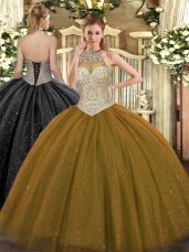 Attractive Brown Ball Gowns Halter Top Sleeveless Tulle Floor Length Lace Up Beading Sweet 16 Quinceanera Dress