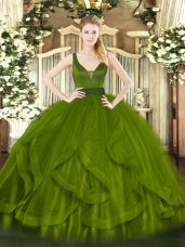 Ideal Olive Green Sleeveless Beading and Ruffles Floor Length Quinceanera Gown