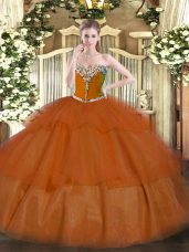 Hot Sale Floor Length Lace Up Quinceanera Gown Rust Red for Military Ball and Sweet 16 and Quinceanera with Beading and Ruffled Layers