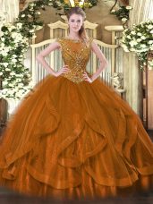 Shining Tulle Scoop Sleeveless Zipper Beading and Ruffles 15 Quinceanera Dress in Brown