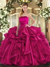 Hot Pink Lace Up Strapless Ruffles Sweet 16 Dresses Organza Sleeveless