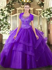 Sleeveless Floor Length Beading and Ruffles Clasp Handle Quinceanera Gown with Purple