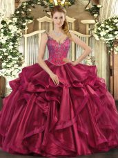 Glamorous Wine Red Organza Lace Up 15th Birthday Dress Sleeveless Floor Length Beading and Ruffles