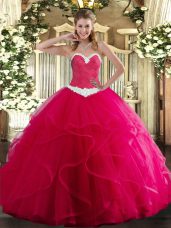 Hot Pink Tulle Lace Up Sweetheart Sleeveless Floor Length Sweet 16 Dress Appliques and Ruffles