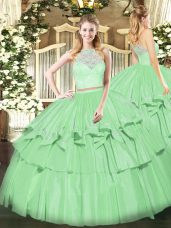 Flirting Sleeveless Floor Length Lace and Ruffled Layers Zipper Quinceanera Dresses with Apple Green