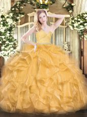 Gold Sleeveless Floor Length Beading and Lace and Ruffles Zipper Sweet 16 Dress