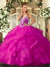 High Quality Fuchsia Ball Gowns Tulle Straps Sleeveless Beading and Ruffles Floor Length Lace Up Vestidos de Quinceanera