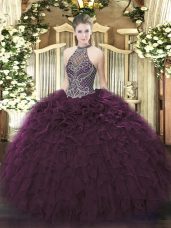 Sleeveless Organza Floor Length Lace Up Quince Ball Gowns in Dark Purple with Beading and Ruffles