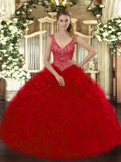 Artistic Organza V-neck Sleeveless Zipper Beading and Ruffles Quinceanera Dresses in Wine Red