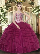Burgundy Ball Gowns Beading and Ruffles Quince Ball Gowns Lace Up Tulle Sleeveless Floor Length