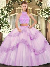 Hot Selling Lilac Sleeveless Tulle Criss Cross Quinceanera Gown for Military Ball and Sweet 16 and Quinceanera
