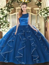Scoop Sleeveless 15th Birthday Dress Floor Length Ruffles Blue Tulle