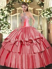Cute Coral Red Lace Up 15th Birthday Dress Beading and Ruffled Layers Sleeveless Floor Length