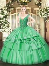 Hot Selling Beading and Ruffled Layers Quinceanera Gown Green Lace Up Sleeveless Floor Length
