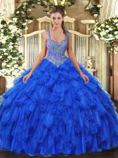 Sleeveless Organza Floor Length Lace Up Sweet 16 Dress in Royal Blue with Beading and Ruffles