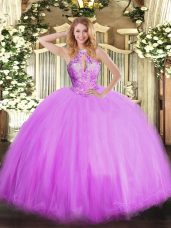 Cute Lilac Ball Gowns Halter Top Sleeveless Tulle Floor Length Lace Up Beading Ball Gown Prom Dress