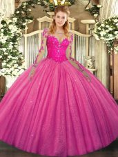 Colorful Long Sleeves Floor Length Lace Lace Up 15 Quinceanera Dress with Hot Pink