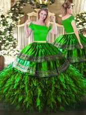 Artistic Green Two Pieces Organza and Taffeta Off The Shoulder Short Sleeves Embroidery and Ruffles Floor Length Zipper Quince Ball Gowns