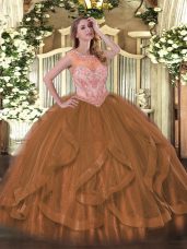 Exquisite Brown Sleeveless Floor Length Beading and Ruffles Lace Up Quinceanera Gown