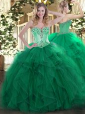 New Style Sleeveless Floor Length Beading and Ruffles Lace Up Ball Gown Prom Dress with Dark Green