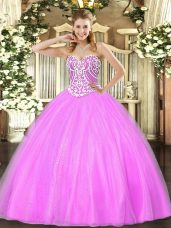 Colorful Floor Length Lace Up 15 Quinceanera Dress Lilac for Military Ball and Sweet 16 and Quinceanera with Beading