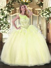 Light Yellow Organza Lace Up Scoop Sleeveless Floor Length Quinceanera Dresses Beading
