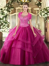 Sleeveless Tulle Floor Length Clasp Handle Sweet 16 Dresses in Hot Pink with Beading and Ruffles