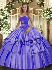 Dramatic Strapless Sleeveless Quinceanera Gown Floor Length Beading and Ruffled Layers Lavender Organza and Taffeta