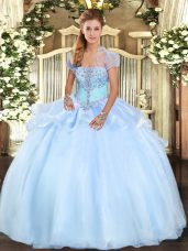 Light Blue Lace Up Strapless Appliques Quinceanera Dress Organza Sleeveless