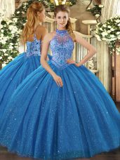 Chic Blue Ball Gowns Beading and Embroidery Quince Ball Gowns Lace Up Tulle Sleeveless Floor Length