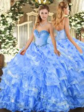 Modest Baby Blue Lace Up Sweetheart Beading and Ruffled Layers 15th Birthday Dress Organza Sleeveless