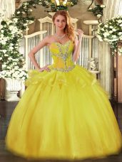 Floor Length Gold Quinceanera Gown Tulle Sleeveless Beading