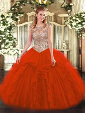 Noble Red Lace Up Scoop Beading and Ruffles Quinceanera Dresses Tulle Sleeveless