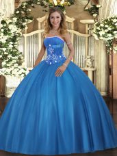 Tulle Strapless Sleeveless Lace Up Beading Sweet 16 Dresses in Baby Blue
