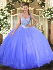 Top Selling Blue Ball Gowns Straps Sleeveless Tulle Floor Length Lace Up Beading Quinceanera Gown