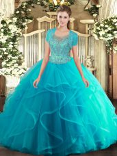 Dynamic Aqua Blue Sleeveless Floor Length Beading and Ruffled Layers Clasp Handle 15 Quinceanera Dress