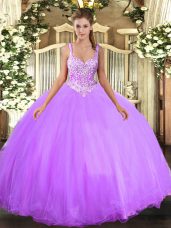 Excellent Floor Length Lavender Sweet 16 Quinceanera Dress Straps Sleeveless Lace Up