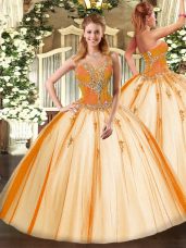 Modest Sleeveless Floor Length Beading Lace Up 15 Quinceanera Dress with Gold