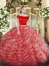 Edgy Coral Red Short Sleeves Brush Train Ruffled Layers Quince Ball Gowns