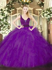 Smart Sleeveless Floor Length Beading and Ruffles Zipper 15 Quinceanera Dress with Purple