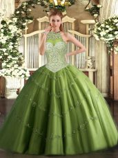 Fabulous Floor Length Olive Green Quinceanera Dress Tulle Sleeveless Beading and Appliques
