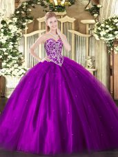 Tulle Sweetheart Sleeveless Lace Up Beading 15 Quinceanera Dress in Eggplant Purple