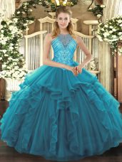 New Arrival Asymmetrical Lace Up Sweet 16 Dresses Teal for Military Ball and Sweet 16 and Quinceanera with Beading and Ruffles