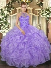 Elegant Floor Length Lavender Quinceanera Gowns Halter Top Sleeveless Lace Up