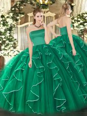 Luxurious Dark Green Sleeveless Floor Length Ruffles Zipper Quinceanera Dresses