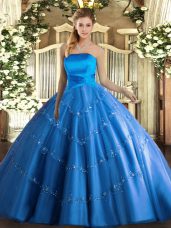 Fashion Sleeveless Tulle Floor Length Lace Up Sweet 16 Dresses in Blue with Appliques