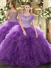 Simple Lavender Ball Gowns Beading and Ruffled Layers Sweet 16 Dresses Clasp Handle Tulle Sleeveless Floor Length